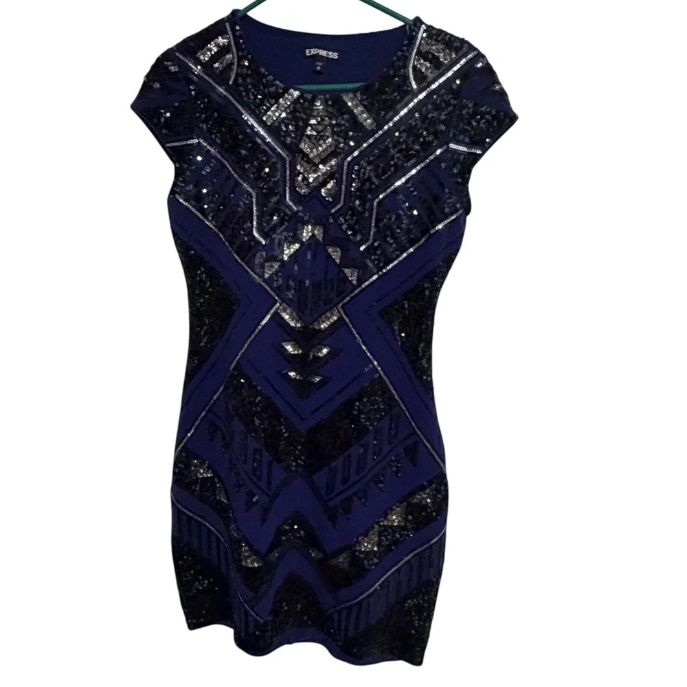 Express Womens Sequin Bodycon Dress Navy Blue Silver Geometric Art Deco Medium - Picture 1 of 8